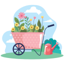 beautiful-flowers-garden-in-wheelbarrow-landscape-scene-vector